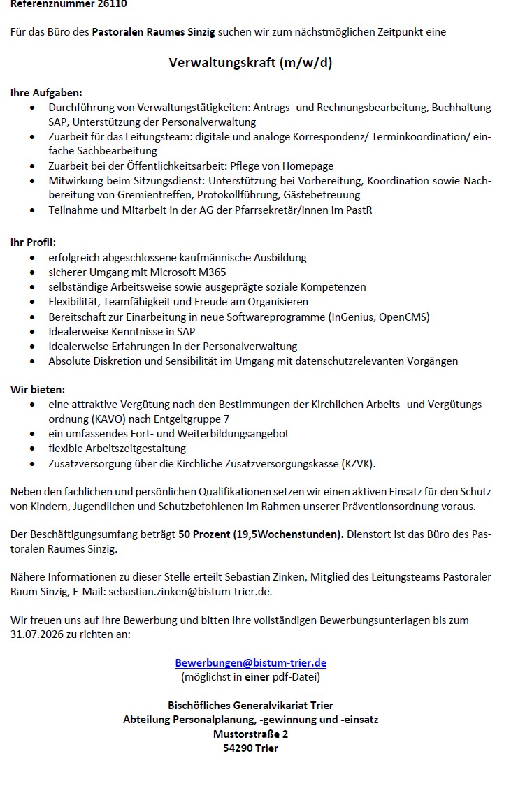 Stellenauschreibung als Verwaltungskraft